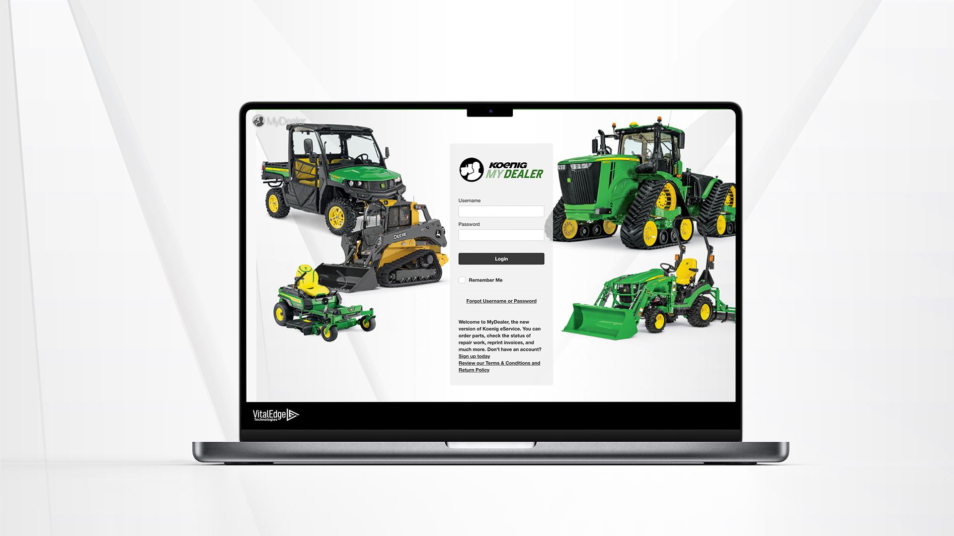 Laptop showing the Koenig Equipment MyDealer desktop login