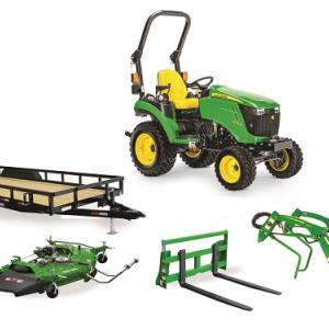 John Deere 2025R Tractor, Loader, Mower, Forks, Trailer